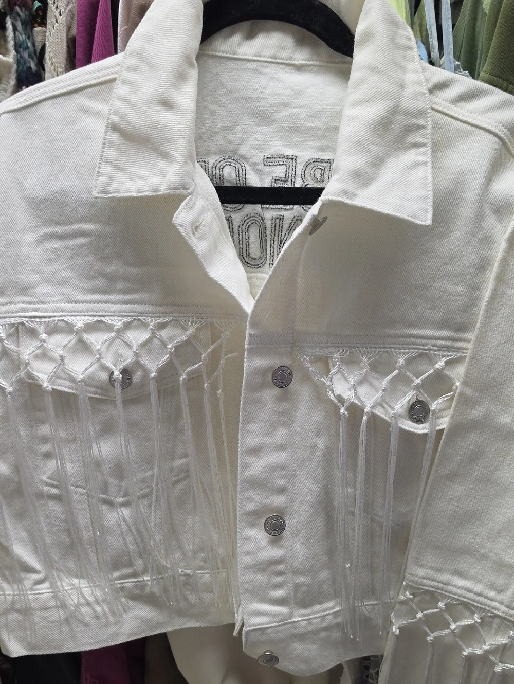 Forever 21 "Babe Of Honor" White Denim Jacket With Fringe Detail - Picture 3 of 5
